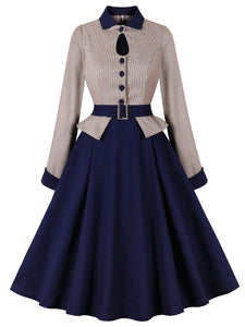 1950S Houndstooth Long Sleeve Fake Barsuit Vintage Swing Dress