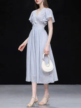 Load image into Gallery viewer, Light Blue Striped V Neck 1950S Vintage Dress