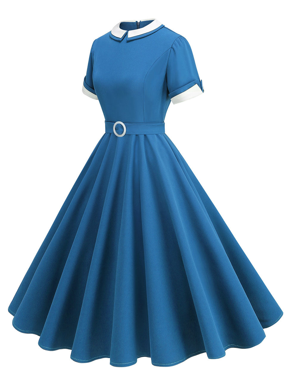1950s Blue Peter Pan Collar Cap Sleeve Vintage Swing Dress, Blue / M 1950s Blue Peter Pan Collar Cap Sleeve Vintage Swing Dress, Blue / M