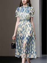 Load image into Gallery viewer, Blue Floral Print Puff Sleeve Organza 1950S Dress