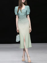 Load image into Gallery viewer, Blue Gradient Sweet Heart Collar Puff Sleeve Slit Mermaid Dress