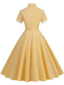 Yellow And White Plaid Daisy Claasic Collar 1950S Dress With Belt