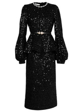 Load image into Gallery viewer, 2PS Black Crew Neck Long Sleeve Sequins Top With Swing Skrit Suit
