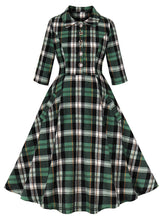 Load image into Gallery viewer, 1950S Green Turndown Collar Plaid Short Sleeve Vintage Dress With Pockets