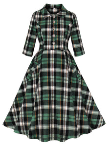 1950S Green Turndown Collar Plaid Short Sleeve Vintage Dress With Pockets