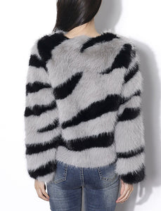 Black and White Zebra Stripes Faux Fur Long Sleeve Coat Women Winter Coat