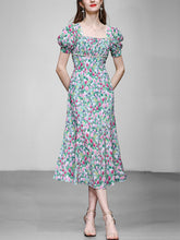 Load image into Gallery viewer, Blue Tulip Print Pearl 1950S Vintage Dress With Puff Sleeve