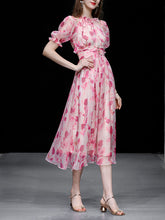 Load image into Gallery viewer, Pink Floral Print Ruffles 1950S Chiffon Vintage Dress