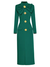 Load image into Gallery viewer, Green Bow Collar Long Sleeve 1940S Bodycon Vintage Dress With Golden Button