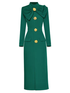 Green Bow Collar Long Sleeve 1940S Bodycon Vintage Dress With Golden Button