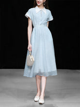 Load image into Gallery viewer, Blue Turndown Collar Retro Cap Sleeve 1950S Vintage Dress