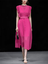 Load image into Gallery viewer, Rose Crew Neck Ruffles Pleated 1970S Vintage Dress