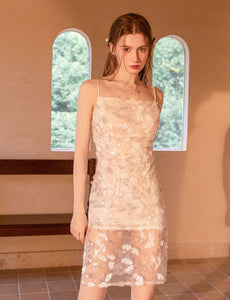 White Flower Sequined Split Sexy Bodycon Dress With Straps