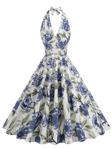 Floral Blue Bow Halter Backless 1950S Vintage Swing Dress