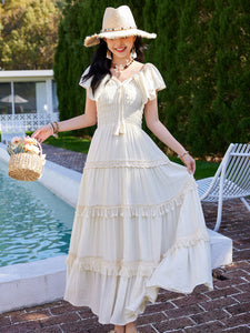 White Bohemian Off The Shoulder Ruffled Tassel High Waist Boho Maxi Dress