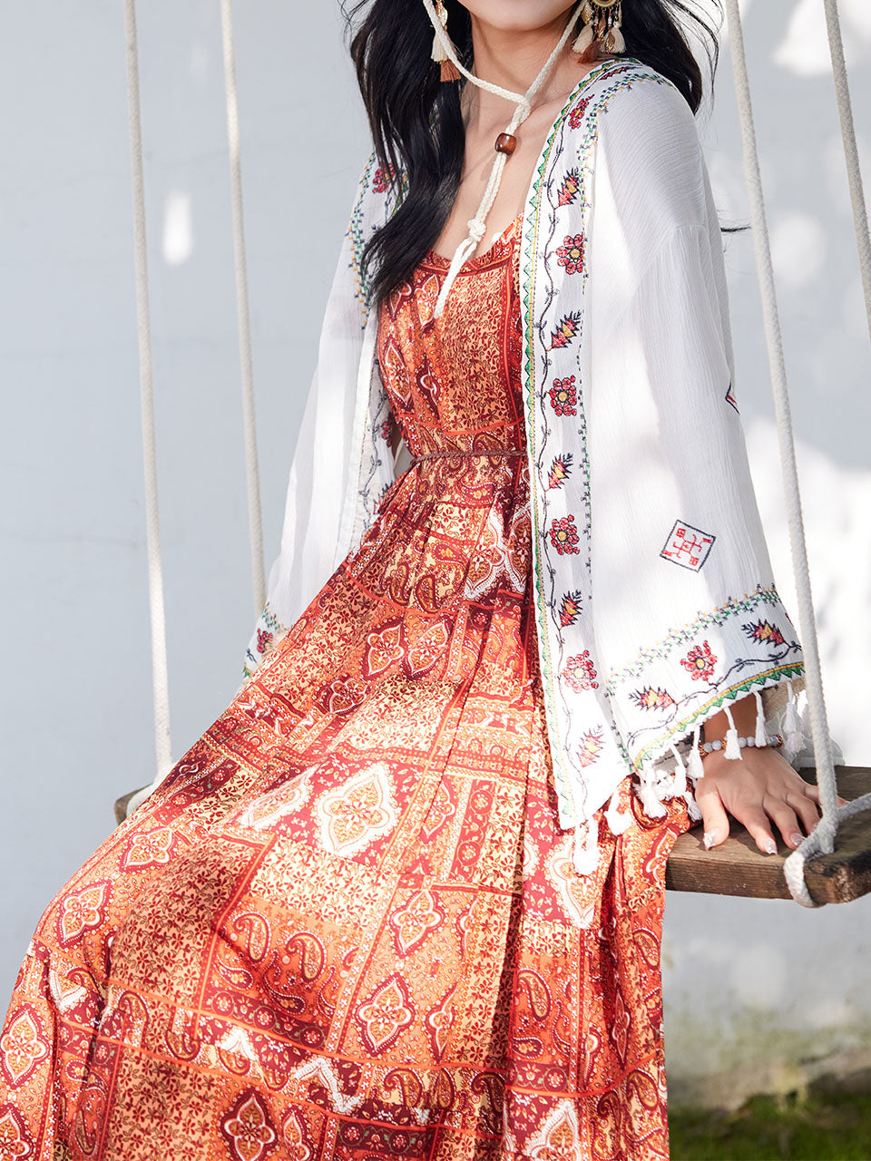 boho scarf dress Bohemian Orange Strap Boho Maxi Dress with White Tassel Scarf Shawl Jolly Vintage