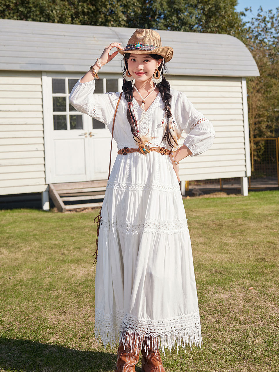 Bohemian White Long-sleeved Cotton Tassel Maxi Dress with Suede Embroidered Vest Boho Suit, White / XS Bohemian White Long-sleeved Cotton Tassel Maxi Dress with Suede Embroidered Vest Boho Suit, White / XS