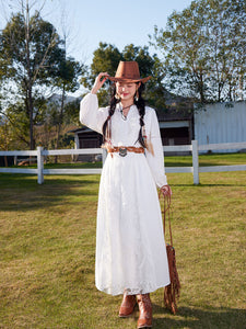 Bohemian White Embroidered Cotton Maxi Dress with Suede Embroidered Vest Boho Suit