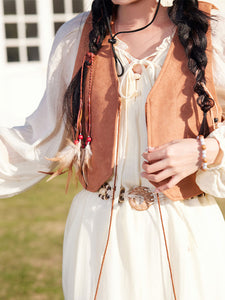 Bohemian White Ruffles Cotton Maxi Dress with Suede Embroidered Vest Boho Suit