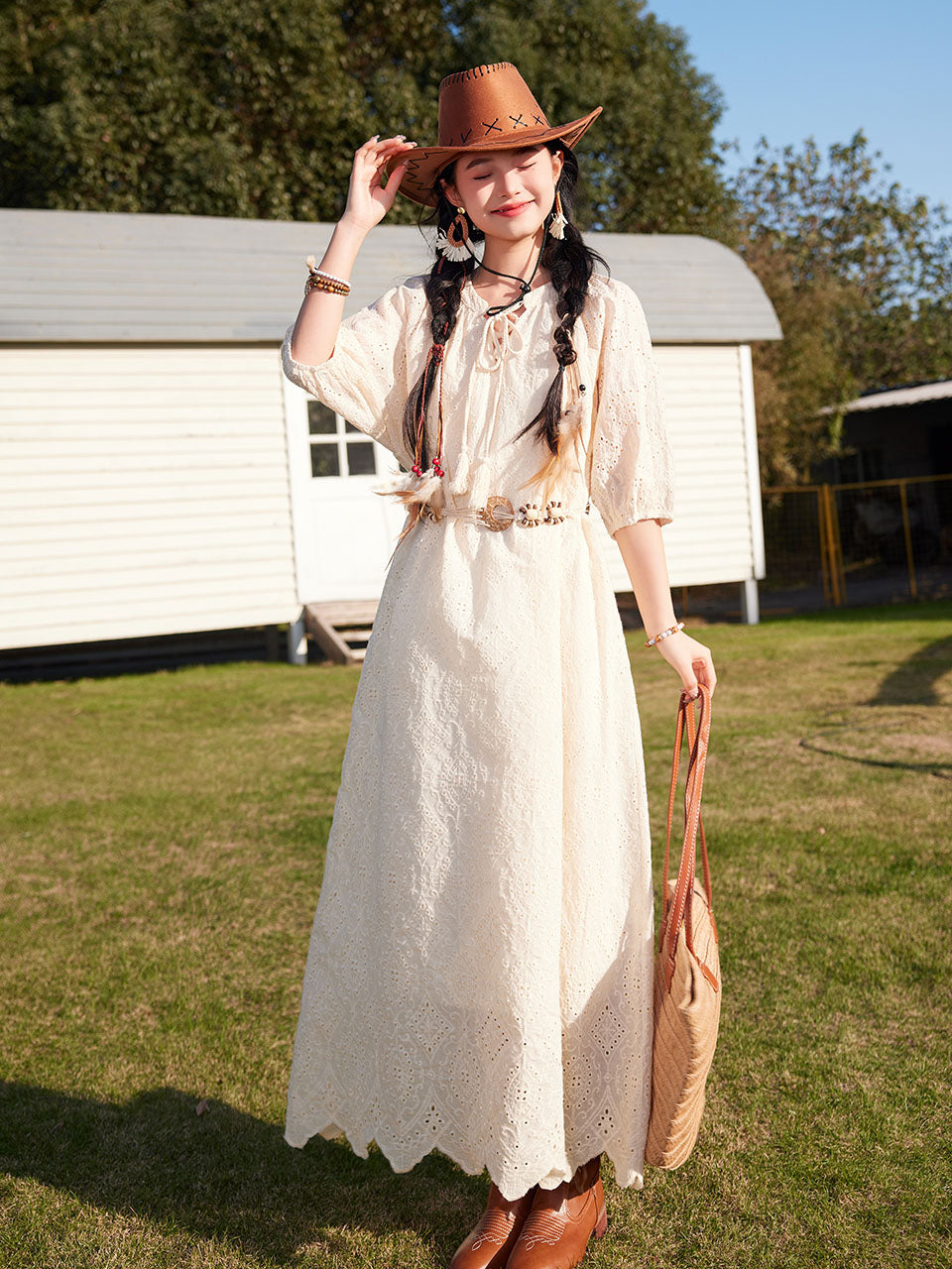 Bohemian White Embroidered Cotton Maxi Dress with Suede Embroidered Vest Boho Suit, White / S Bohemian White Embroidered Cotton Maxi Dress with Suede Embroidered Vest Boho Suit, White / S