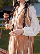 Load image into Gallery viewer, Bohemian White Tassel Cotton Maxi Dress with Suede Embroidered Vest Boho Suit