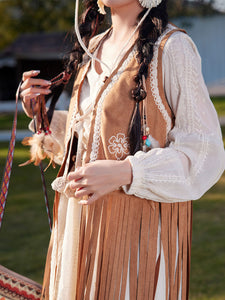 Bohemian White Tassel Cotton Maxi Dress with Suede Embroidered Vest Boho Suit