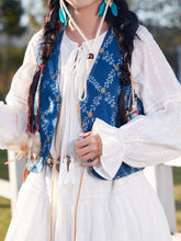 Load image into Gallery viewer, Bohemian White Long-sleeved Ruffles Mini Dress with Blue Suede Embroidered Vest Boho Suit