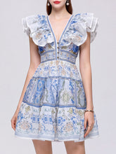 Load image into Gallery viewer, Women’s Boho Yellow Floral Printed Chiffon V-Neck Ruffled Summer Beach Mini Dress