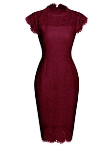 Solid Color Lace High Collar 1960S Bodycon Dress