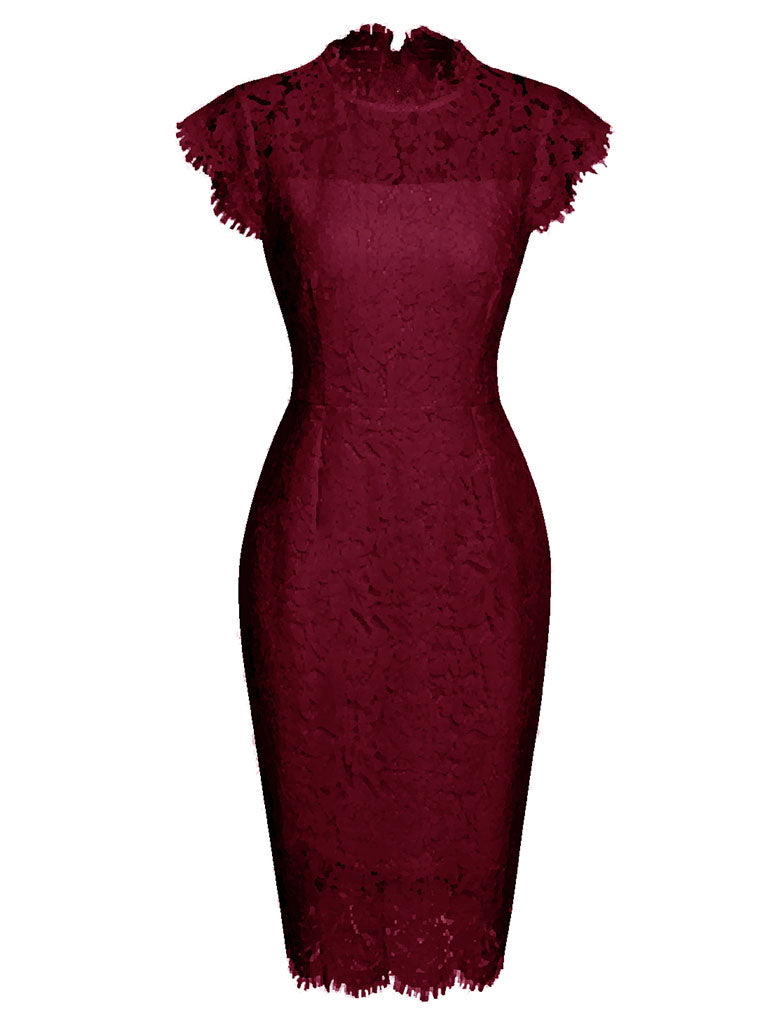 Solid Color Lace High Collar 1960S Bodycon Dress