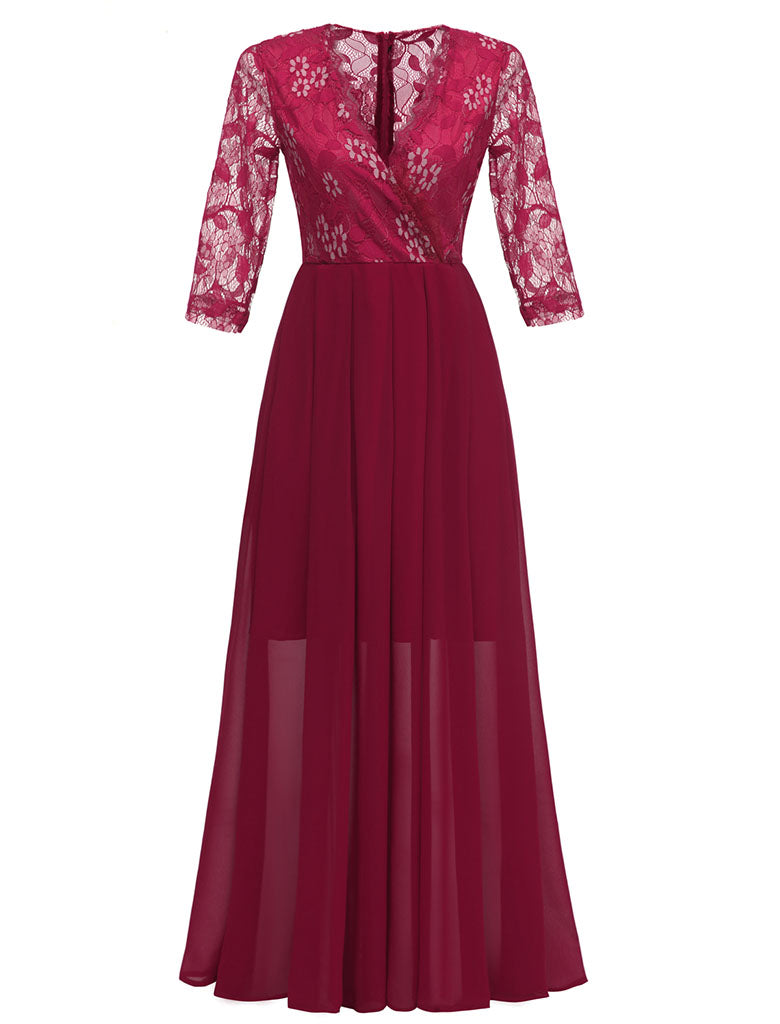 Wine Red V Neck Solid Color Lace Flower A line Vintage Maxi Dress