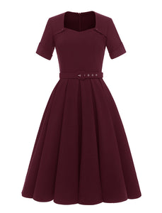 Solid Color Square Collar Short Sleeve 50s Party Swing Dress