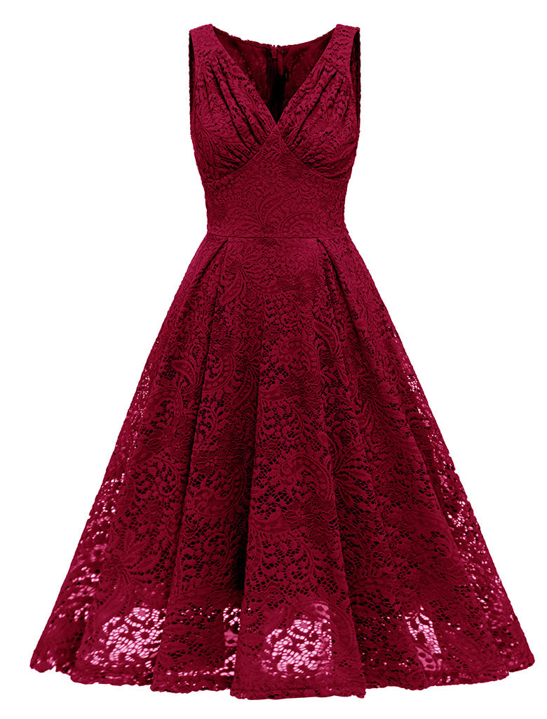 Solid Color Lace Sleeveless V Neck 50s Party Swing Dress, Wine Red / M Solid Color Lace Sleeveless V Neck 50s Party Swing Dress, Wine Red / M