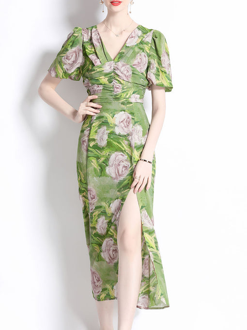 Green V-neck Puff Sleeves Floral Print Slit Bodycon Dress
