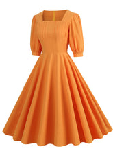 Load image into Gallery viewer, Orange Square Collar Puff Sleeve 1950S Cotton Dress