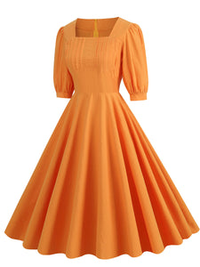 Orange Square Collar Puff Sleeve 1950S Cotton Dress