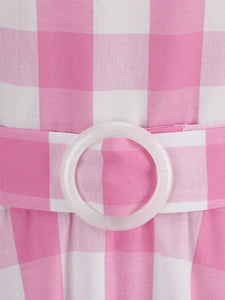 Pink And White Plaid Halter Deep V Neck 1950S Vintage Dress With Belt