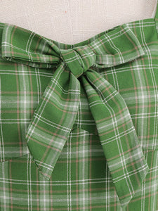 Green Square Bow Collar Plaid Short Sleeve 1950S Cotton Dress
