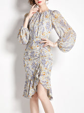 Load image into Gallery viewer, Grey Crew Neck Puff Sleeves Floral Print Bodycon Dress