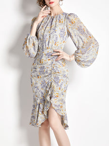 Grey Crew Neck Puff Sleeves Floral Print Bodycon Dress