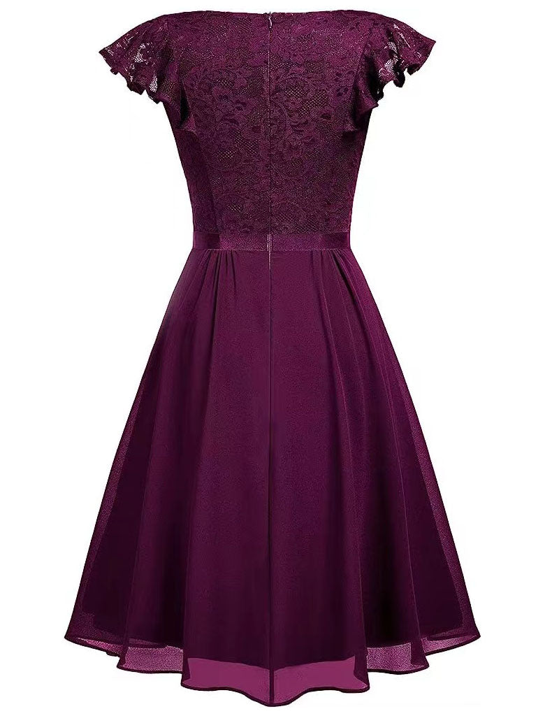 purple autumn dress Autumn Lace Cap Sleeve V Neck 50s Party Dress, Purple / L