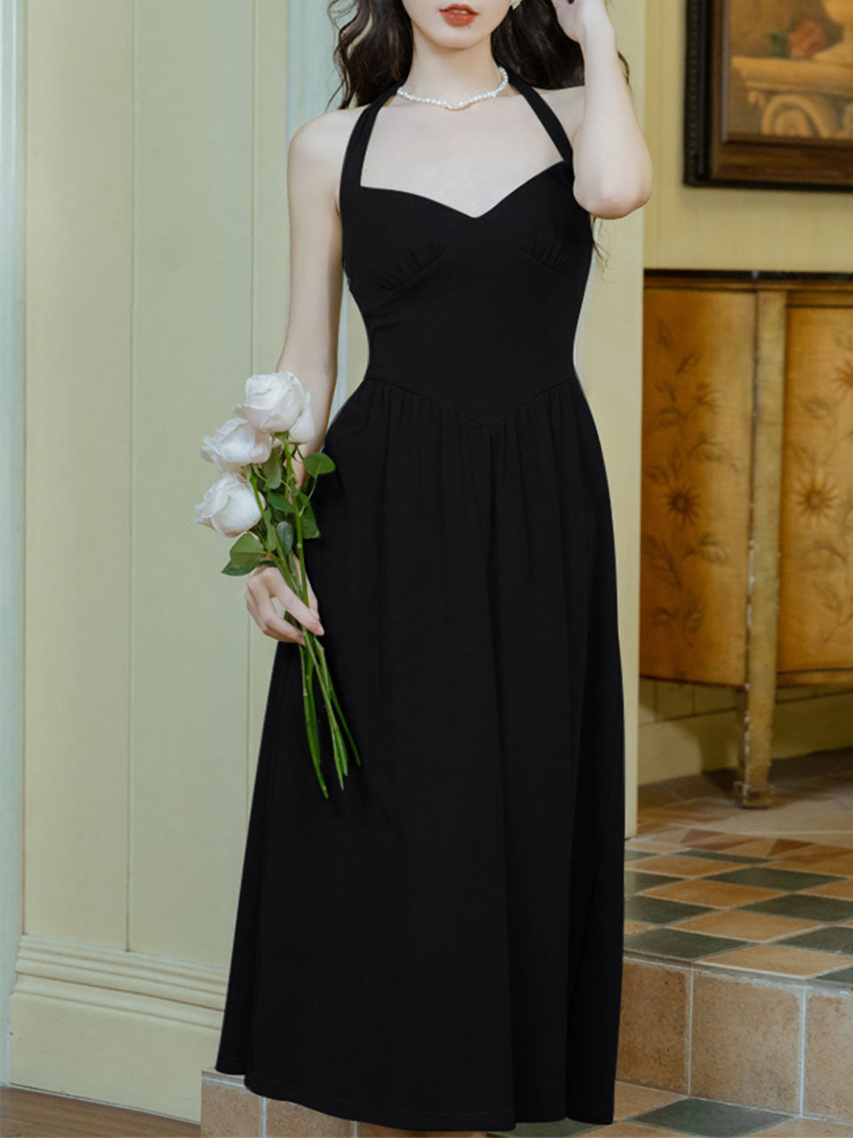 Green Halter Backless Vintage Dress Prom Dress With Short Cardigan, Black / L Green Halter Backless Vintage Dress Prom Dress With Short Cardigan, Black / L