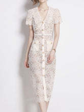 Load image into Gallery viewer, White Lace V Neck Short Sleeve Bodycon Dress