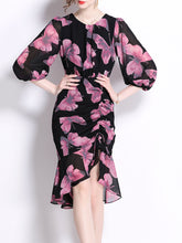 Load image into Gallery viewer, Purple Crew Neck Puff Sleeves Floral Print Slit Bodycon Dress