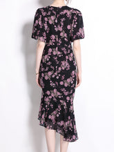 Load image into Gallery viewer, Black Crew Neck Puff Sleeves Floral Print Bodycon Dress