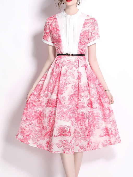 Pink Romantic Print Stand Collar Vintage Swing Dress