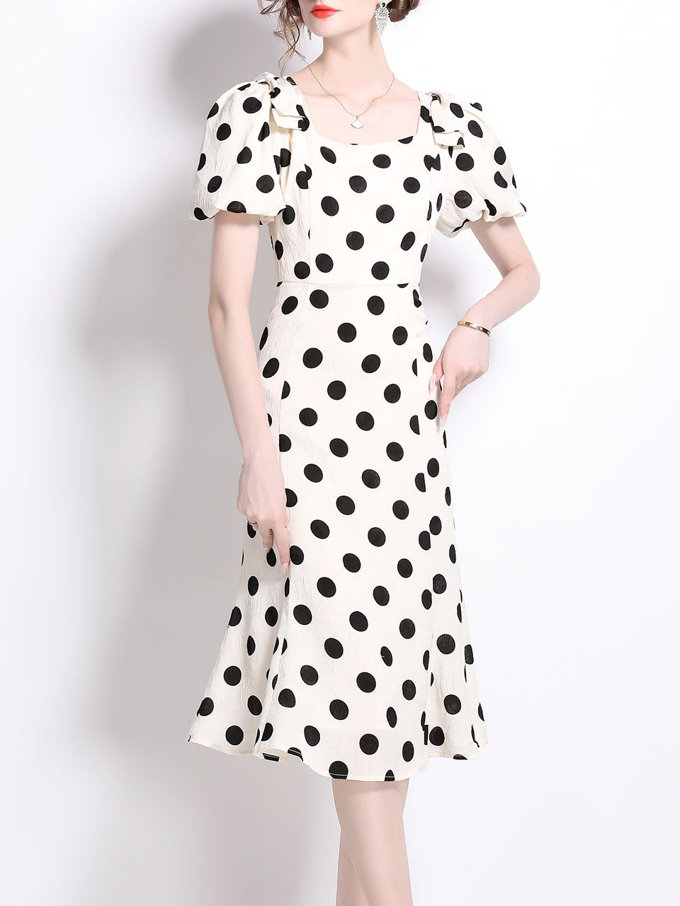 Black Polka Dots Vintage Puff Sleeves Bodycon Dress, White / L