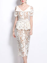 Load image into Gallery viewer, White Lace Flower V Neck Short Sleeve Wasp Waist Bodycon Dress