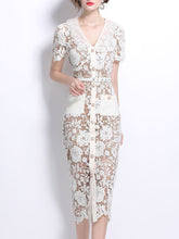 Load image into Gallery viewer, White Lace Flower V Neck Short Sleeve Bodycon Dress