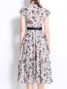 1940S Classic Shirt Collar Vintage Print Cap Sleeve Cotton Dress